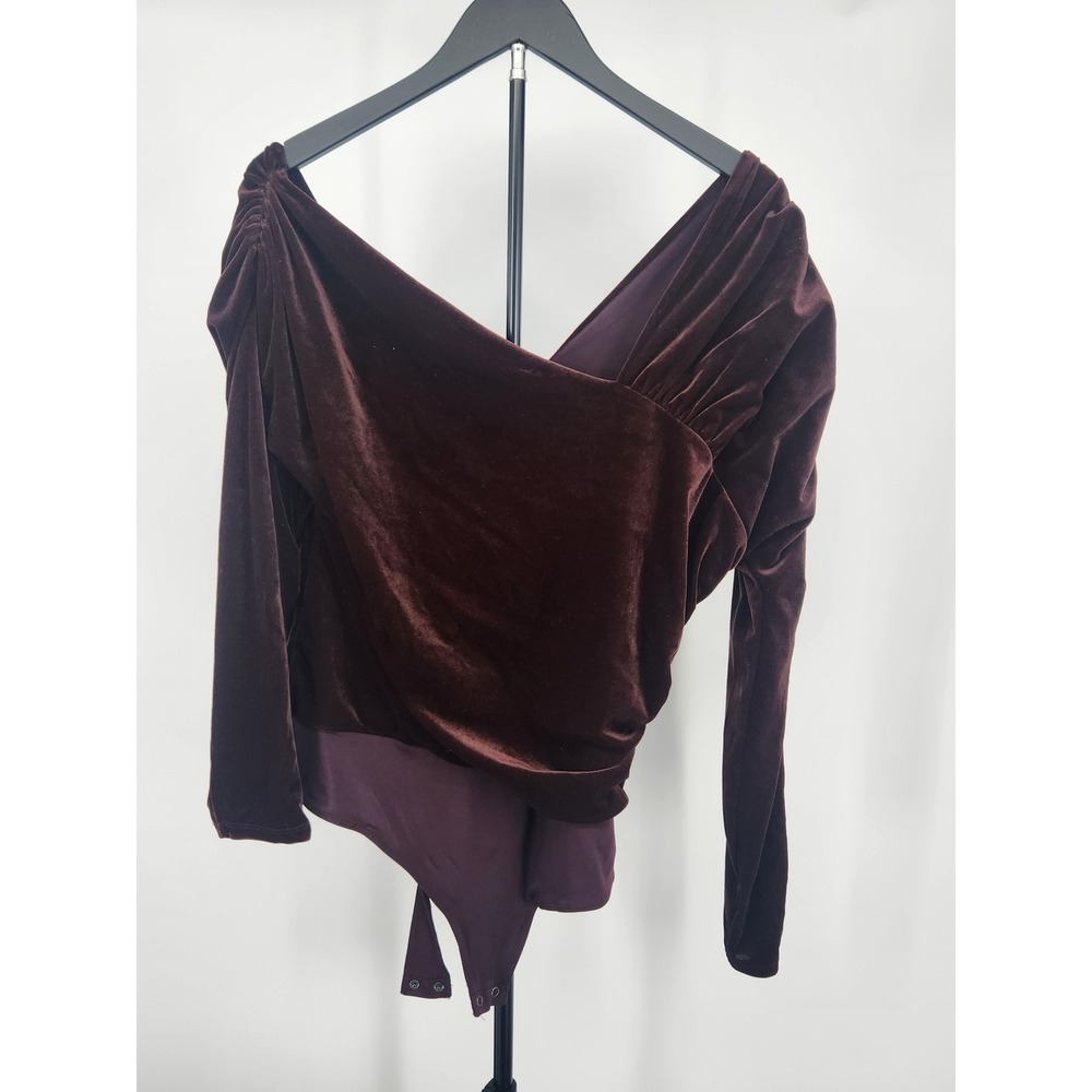 Express Body Contour Velvet Bodysuit Brown Ruched Off Shoulder XL Long Sleeve
